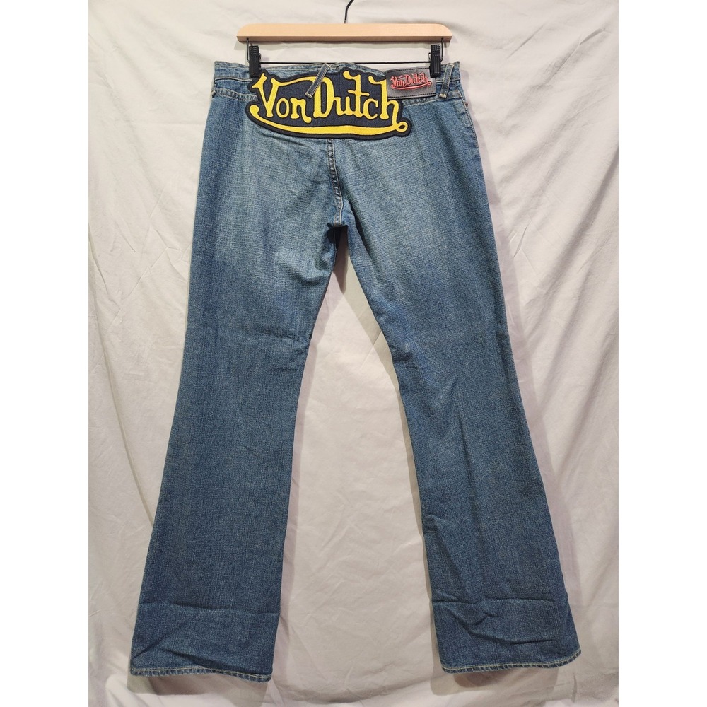 RARE Von Dutch Angelina Patch Jeans Womens 30 Blue NEW Y2K Flared Wide Leg MINT